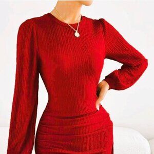 NWOT! Shein Red Long Sleeve Ruched Ruffle Hem Dress Sz6